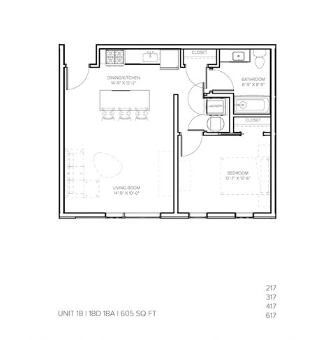 Floor plan for 1 bed, 1 bath, 604 sqft